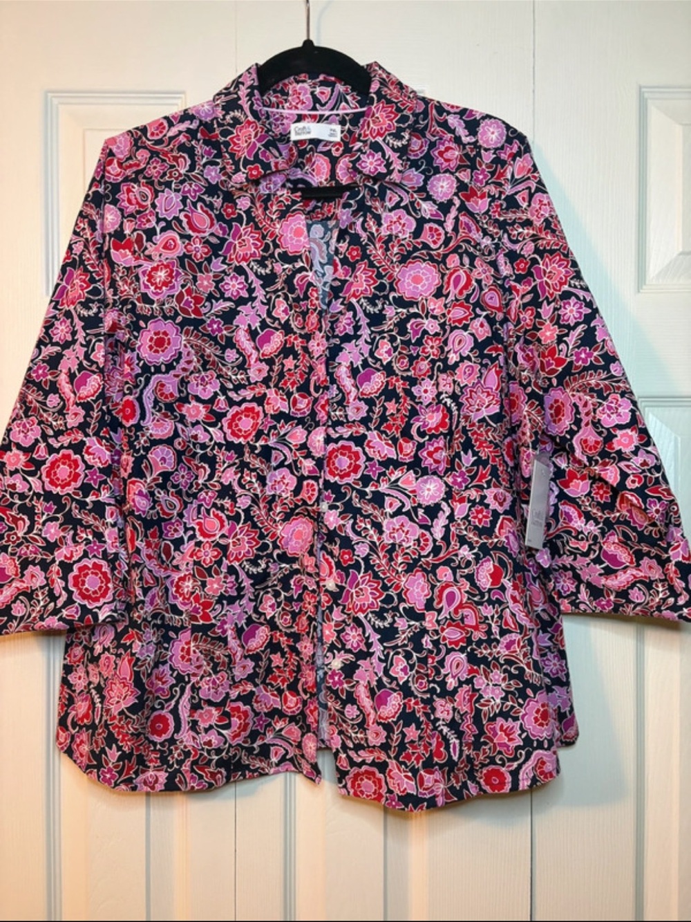Croft & Barrow Floral black, pink & purple button down Top XL Petite